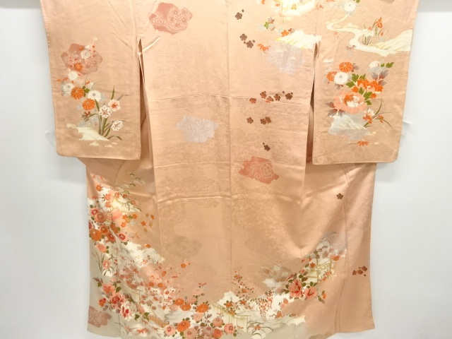 JAPANESE KIMONO / ANTIQUE KIMONO / SILK / EMBROIDERY / MON KINSHA / FLORAL PLANTS